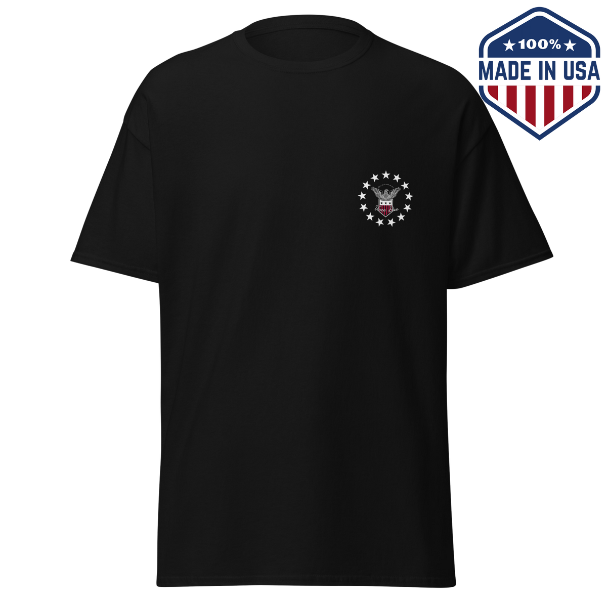 Black t-shirt with a small circular star emblem on the left chest