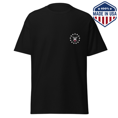 Black t-shirt with a small circular star emblem on the left chest