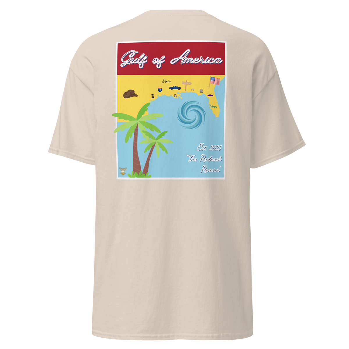 Cream t-shirt with the Gulf of America retro travel poster design
