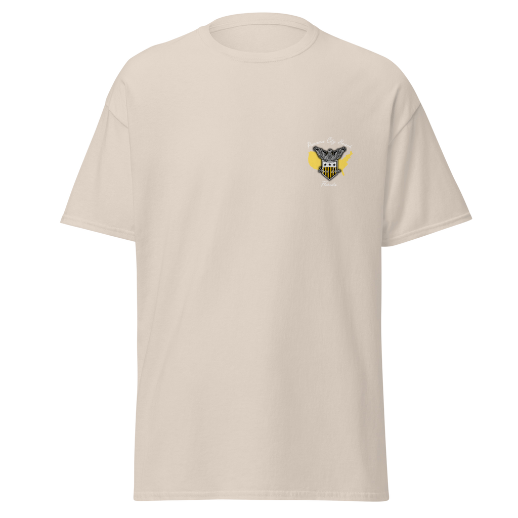 Cream t-shirt with a small palm tree and sun emblem on the left chest