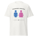White t-shirt with the Pronouns Nor/Mal design showing blue and pink restroom figures