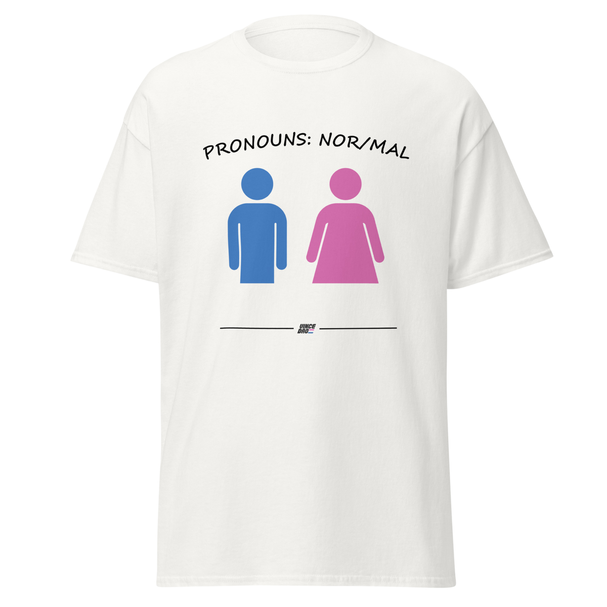 White t-shirt with the Pronouns Nor/Mal design showing blue and pink restroom figures