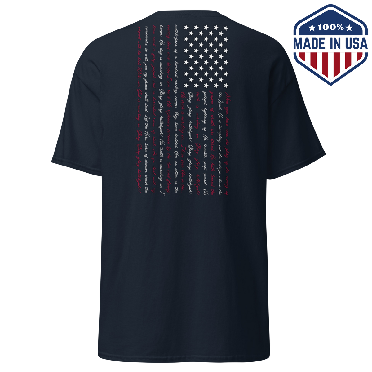 Navy t-shirt with the Battle Hymn of the Republic design showing a vertical American flag in lyrics