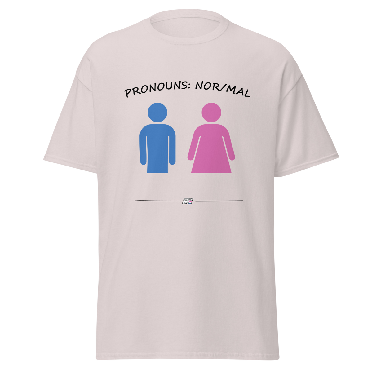 Light pink t-shirt with the Pronouns Nor/Mal design showing blue and pink restroom figures