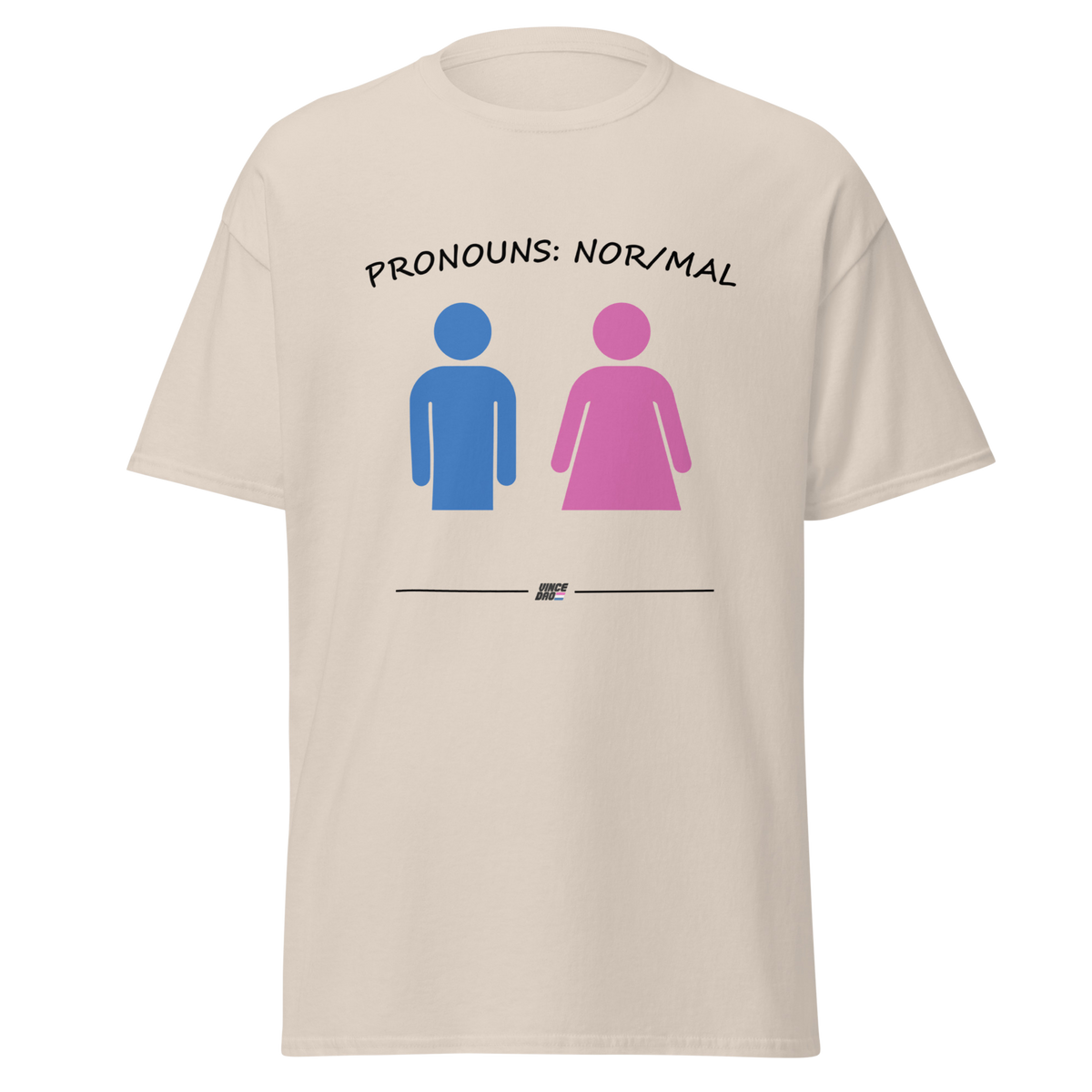 Cream t-shirt with the Pronouns Nor/Mal design showing blue and pink restroom figures