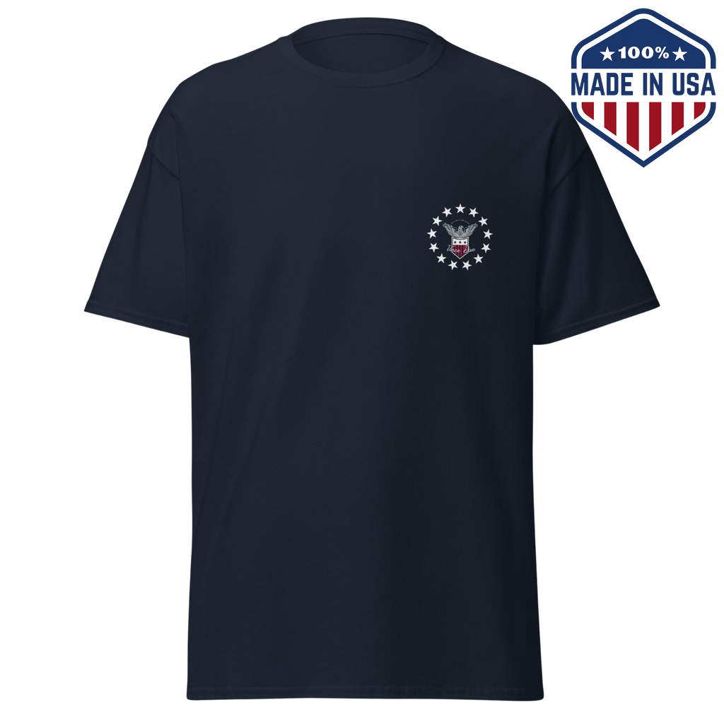 Navy t-shirt with a small circular star emblem on the left chest