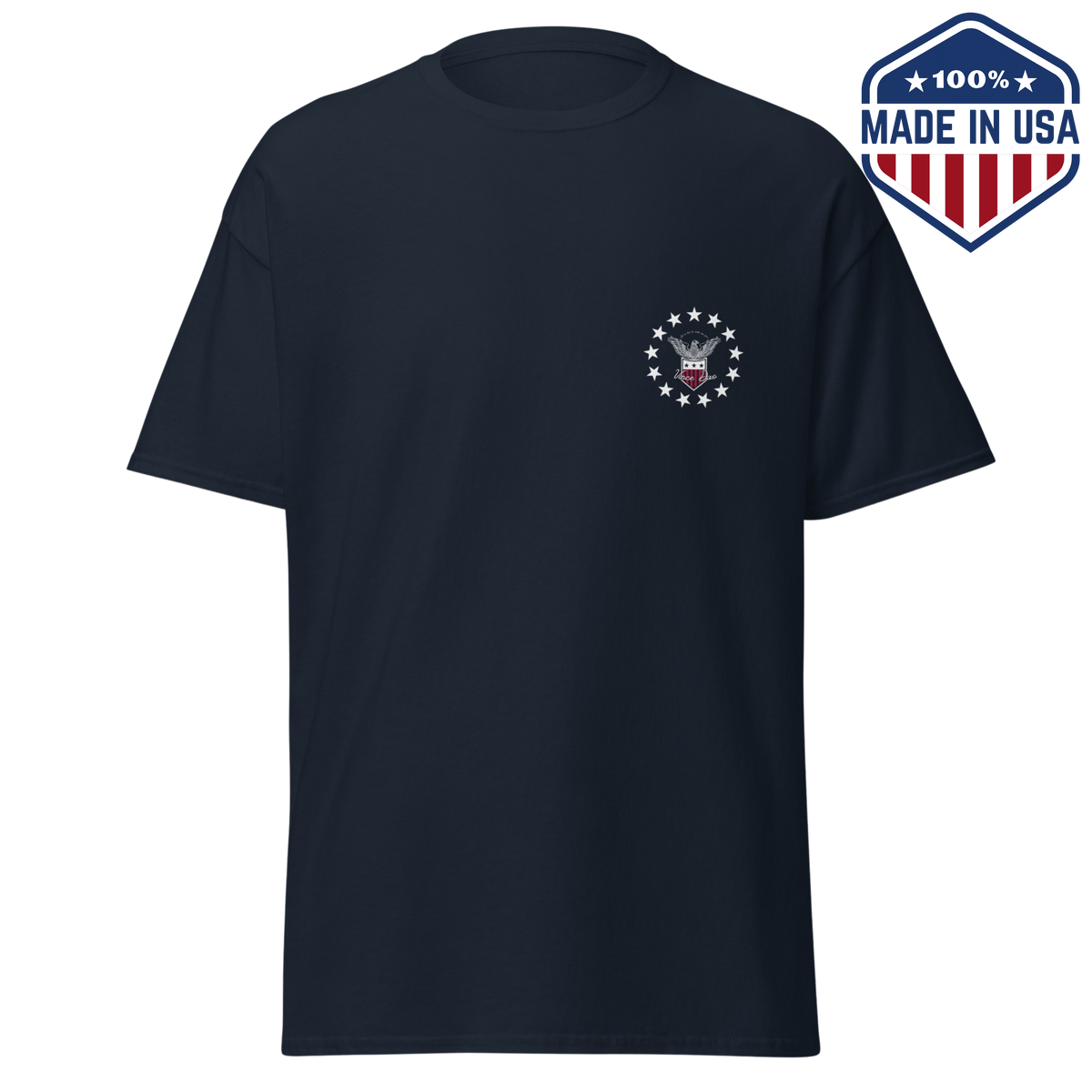 Navy t-shirt with a small circular star emblem on the left chest