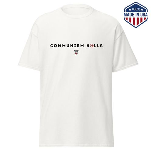 White t-shirt with the Communism K*lls text design printed in black across the chest