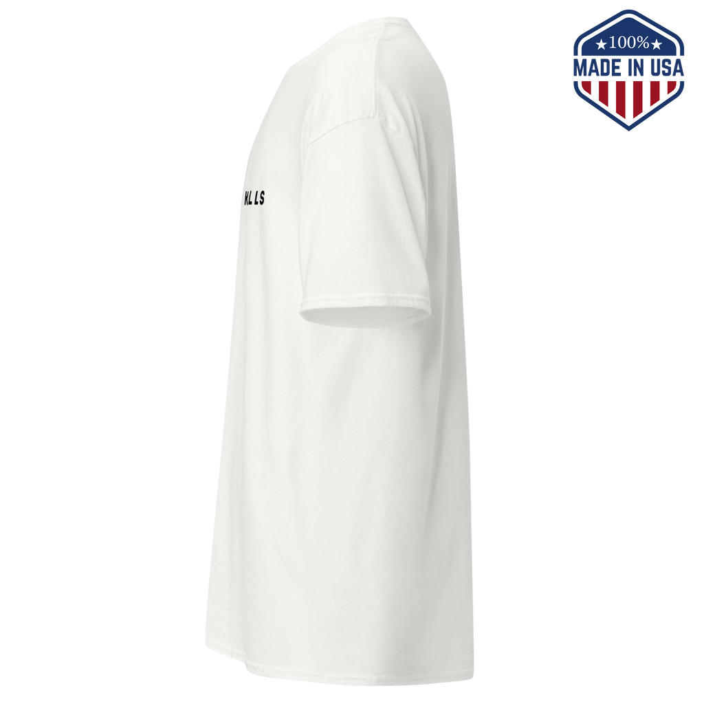 White t-shirt shown from the side, showing the sleeve and plain side panel
