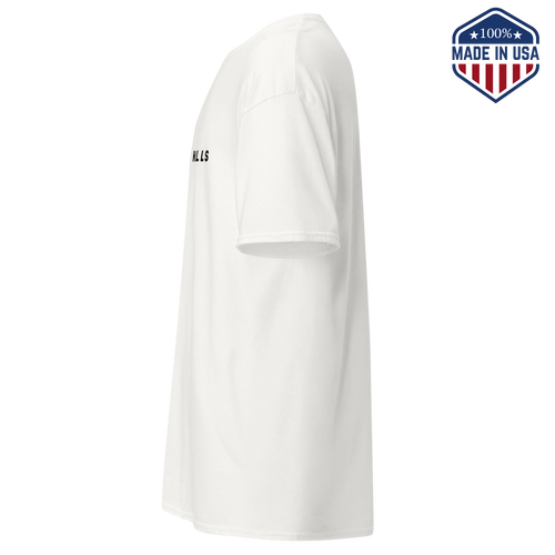 White t-shirt shown from the side, showing the sleeve and plain side panel