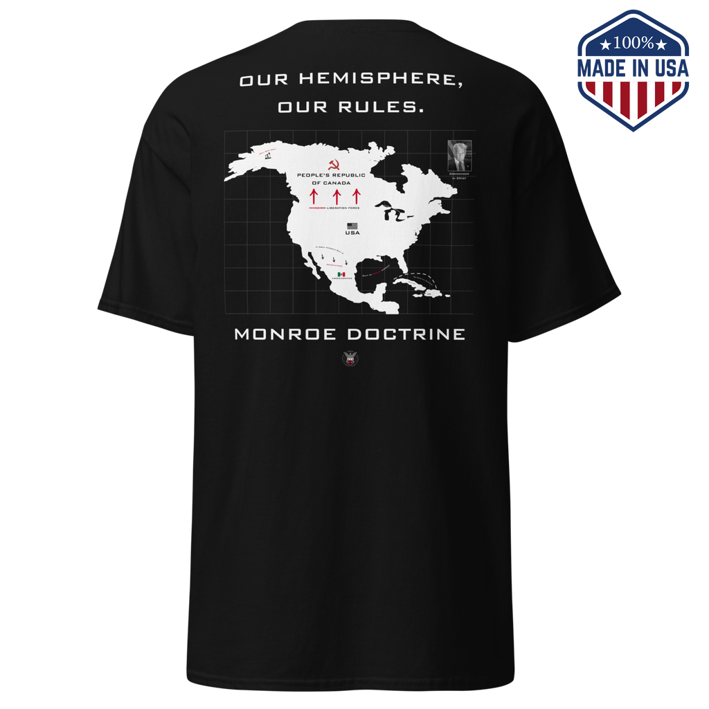 Black t-shirt with the Monroe Doctrine design showing a map of North America