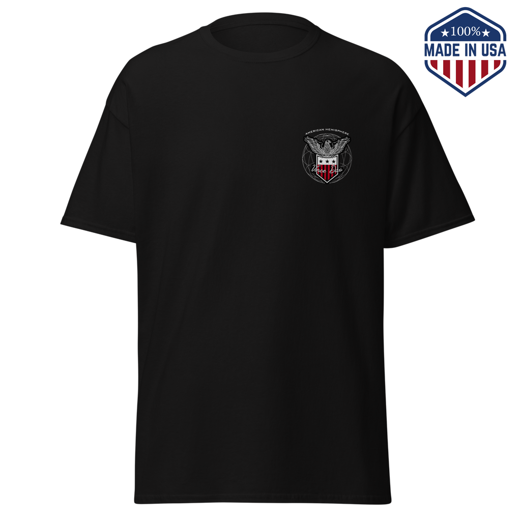 Black t-shirt with a small eagle emblem on the left chest