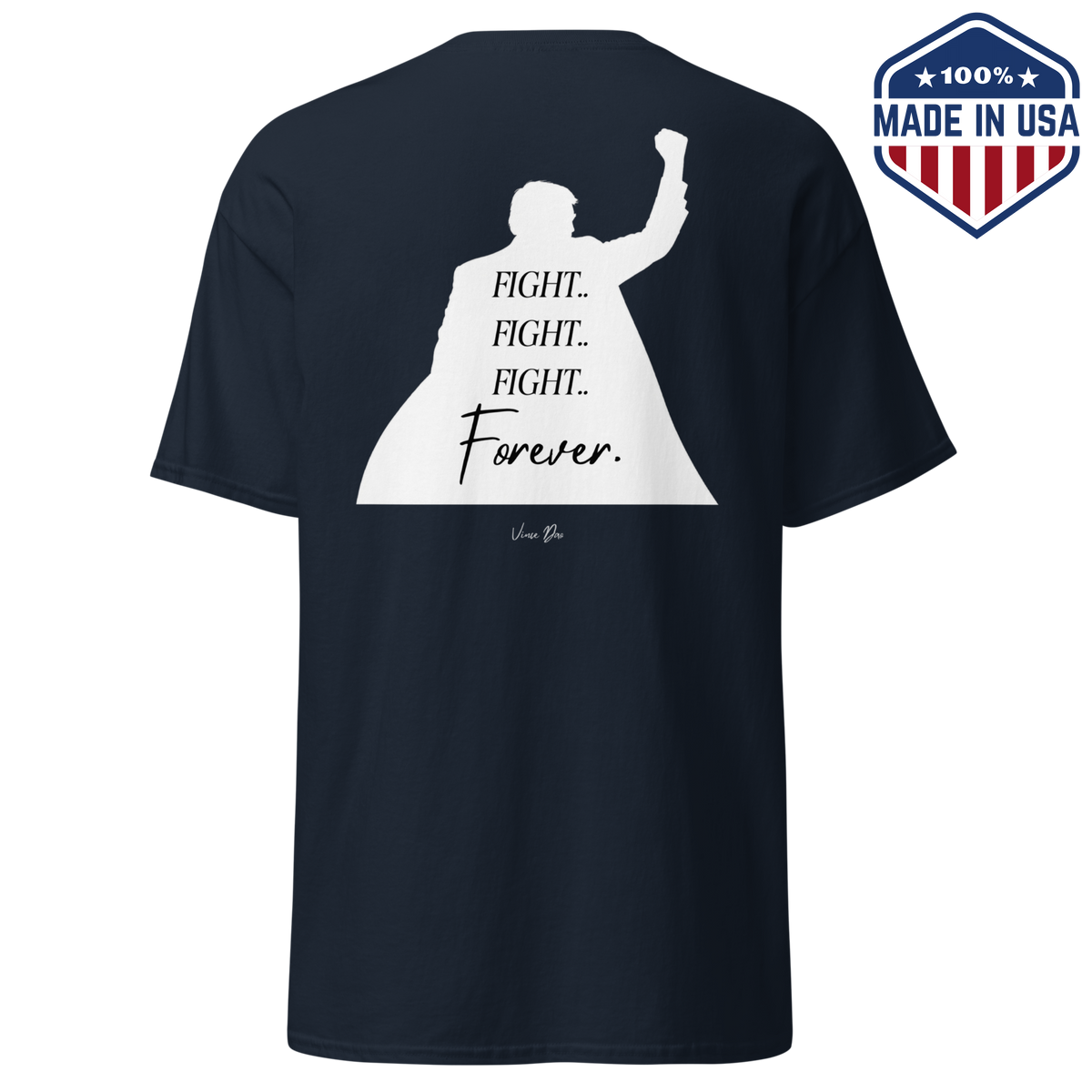 Navy t-shirt with the Fight Fight Fight Forever design showing a raised-fist silhouette