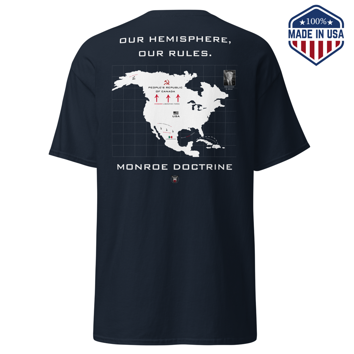 Navy t-shirt with the Monroe Doctrine design showing a map of North America
