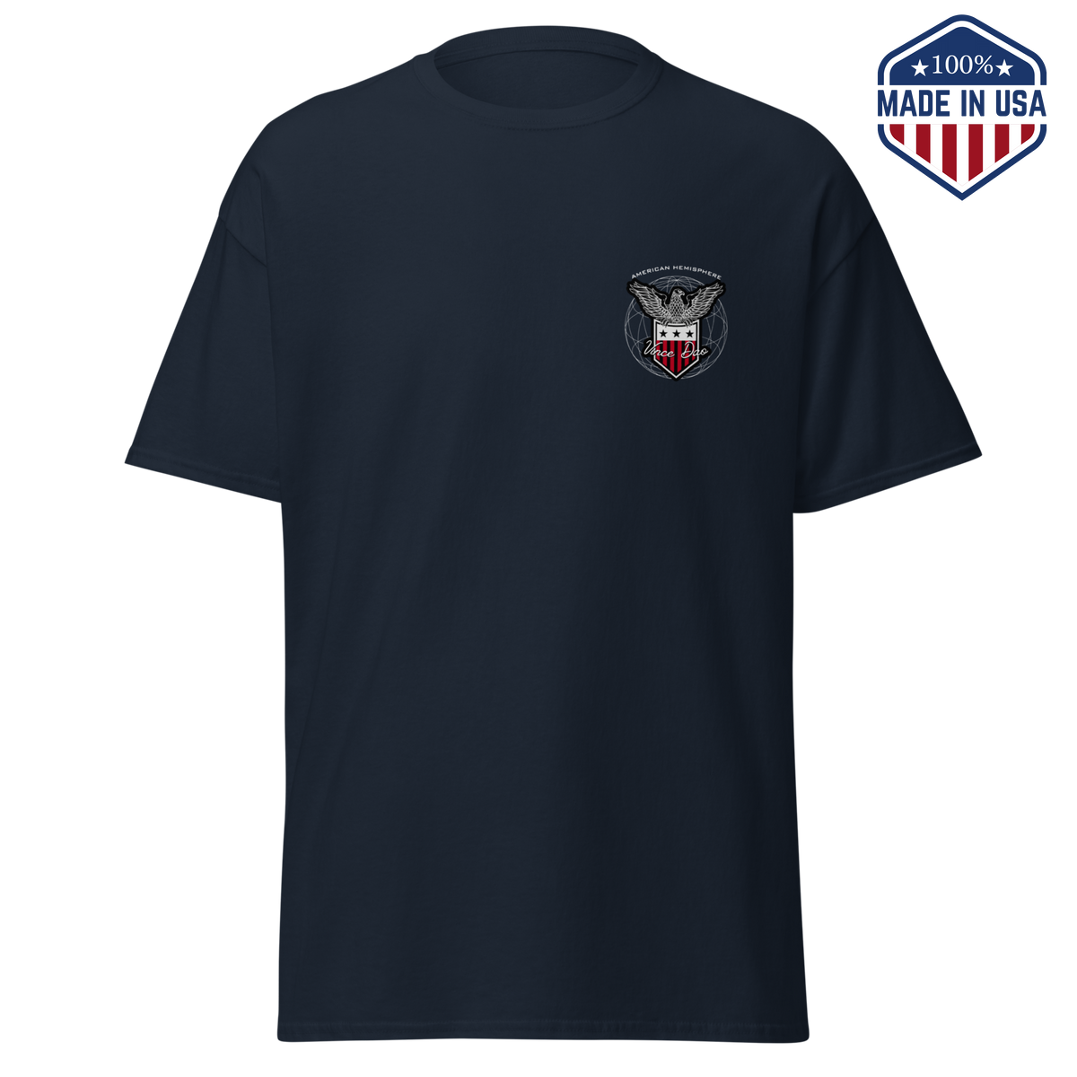 Navy t-shirt with a small eagle emblem on the left chest