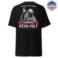 Black t-shirt with the Deus Vult design showing a hooded crusader figure