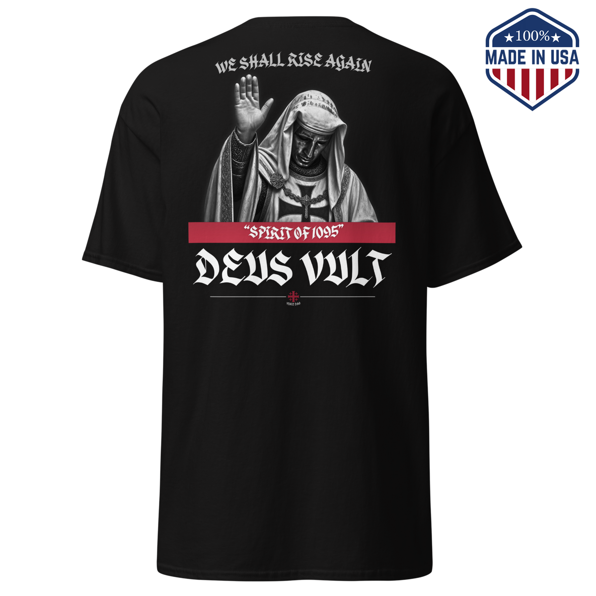 Black t-shirt with the Deus Vult design showing a hooded crusader figure