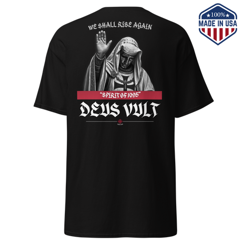 Black t-shirt with the Deus Vult design showing a hooded crusader figure