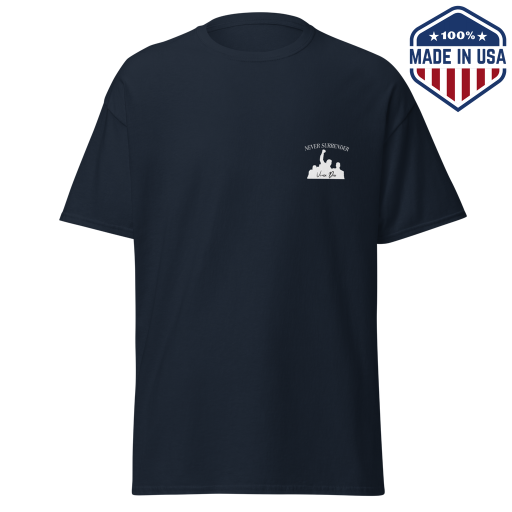 Navy t-shirt with a small emblem on the left chest