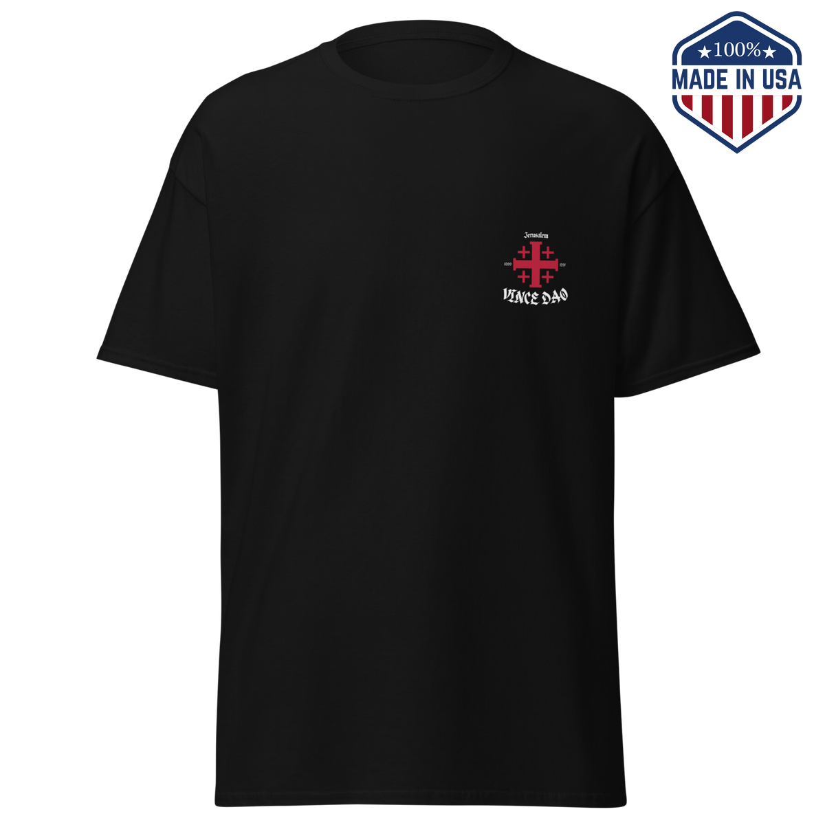 Black t-shirt with a small red cross emblem on the left chest