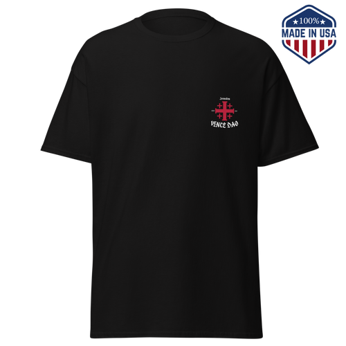Black t-shirt with a small red cross emblem on the left chest