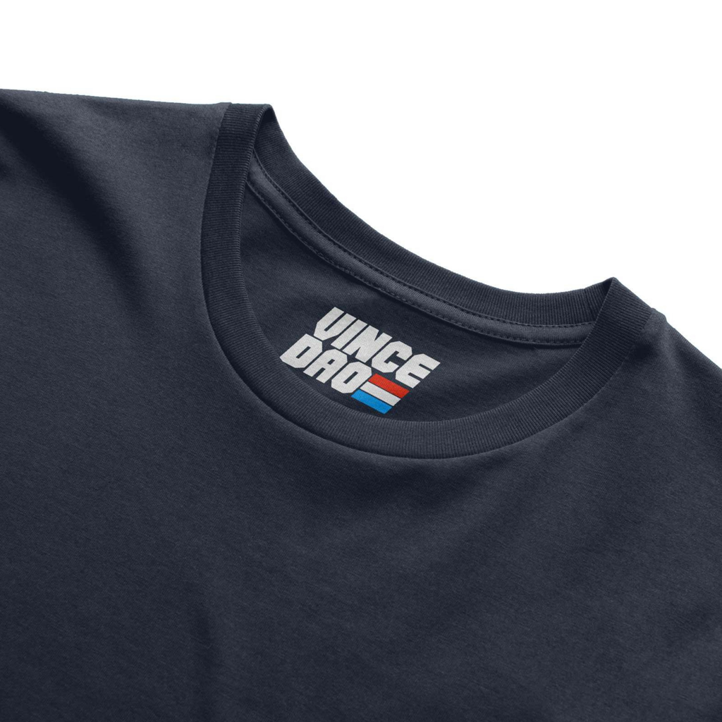 Close-up of a dark navy t-shirt collar showing the Vince Dao inside neck label