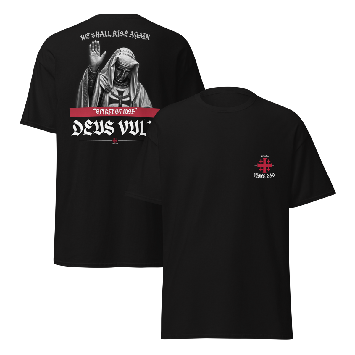 Two black t-shirts shown together, one with the chest cross and one with the full Deus Vult design
