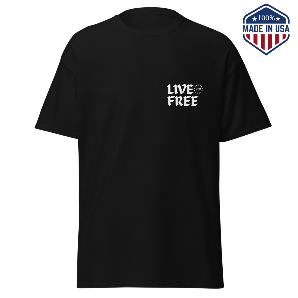 Black t-shirt with a small Live Free print in gothic lettering on the left chest