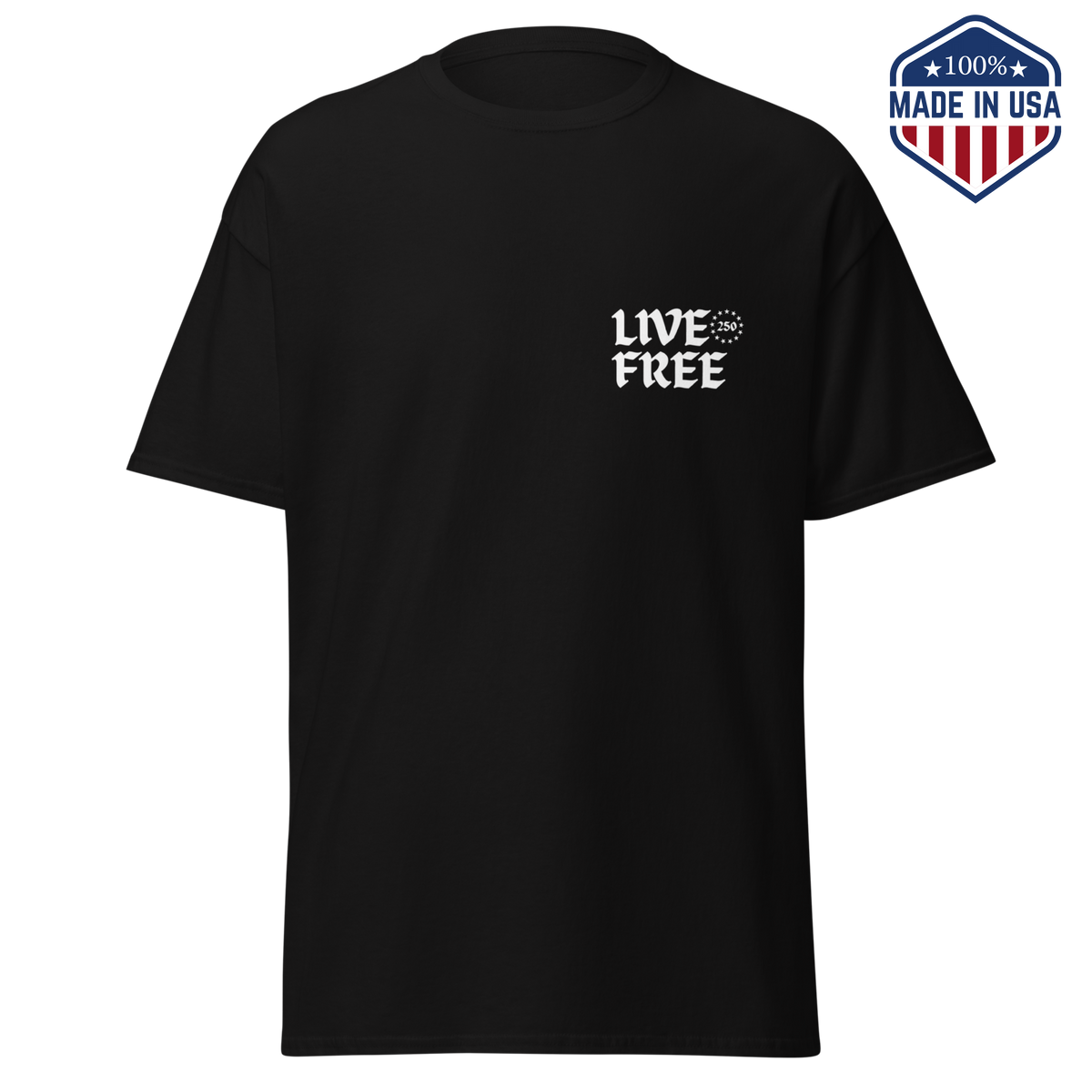 Black t-shirt with a small Live Free print in gothic lettering on the left chest