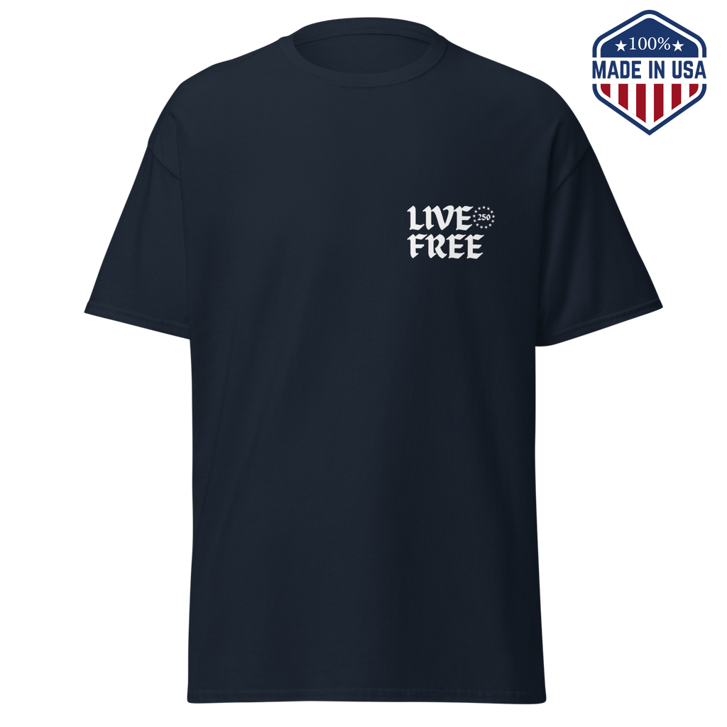 Dark navy t-shirt with a small Live Free print in gothic lettering on the left chest