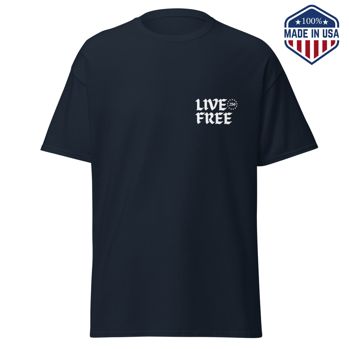 Dark navy t-shirt with a small Live Free print in gothic lettering on the left chest