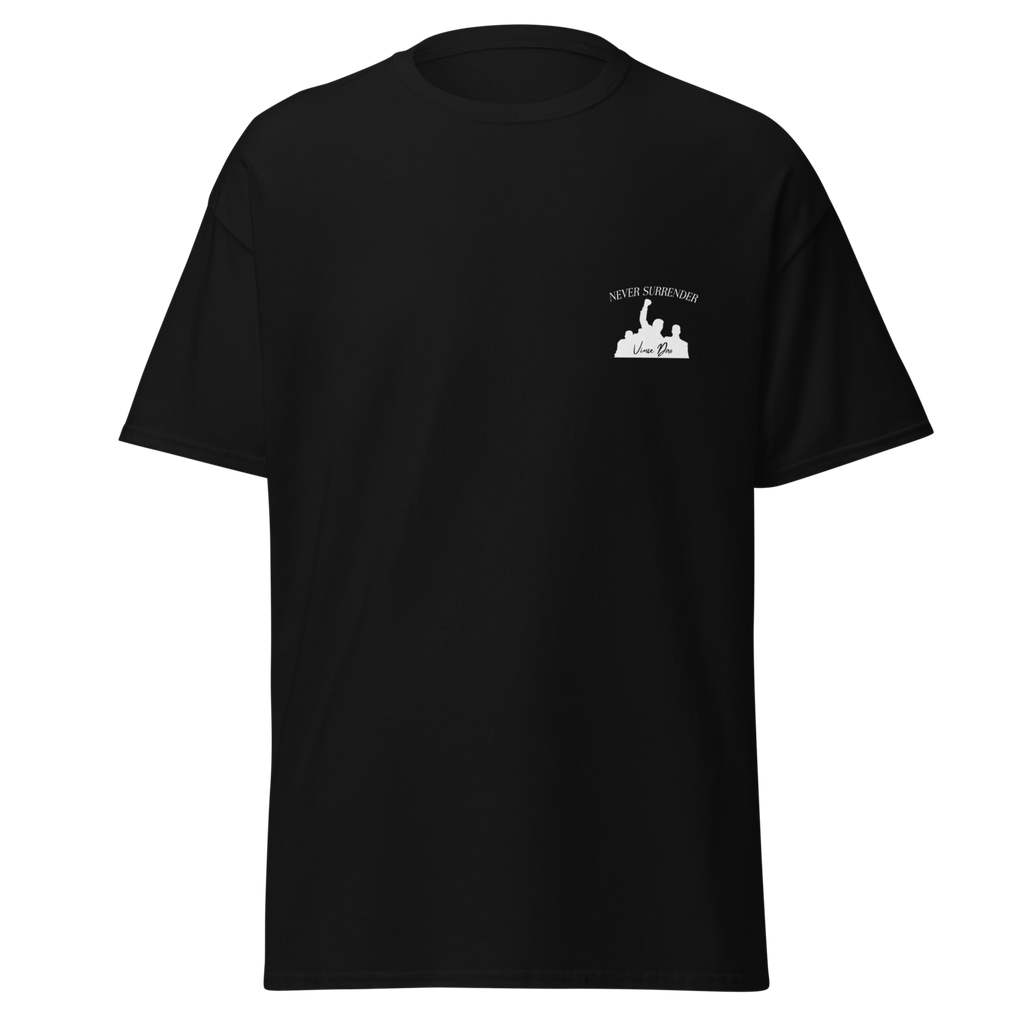 Black t-shirt with a small emblem on the left chest