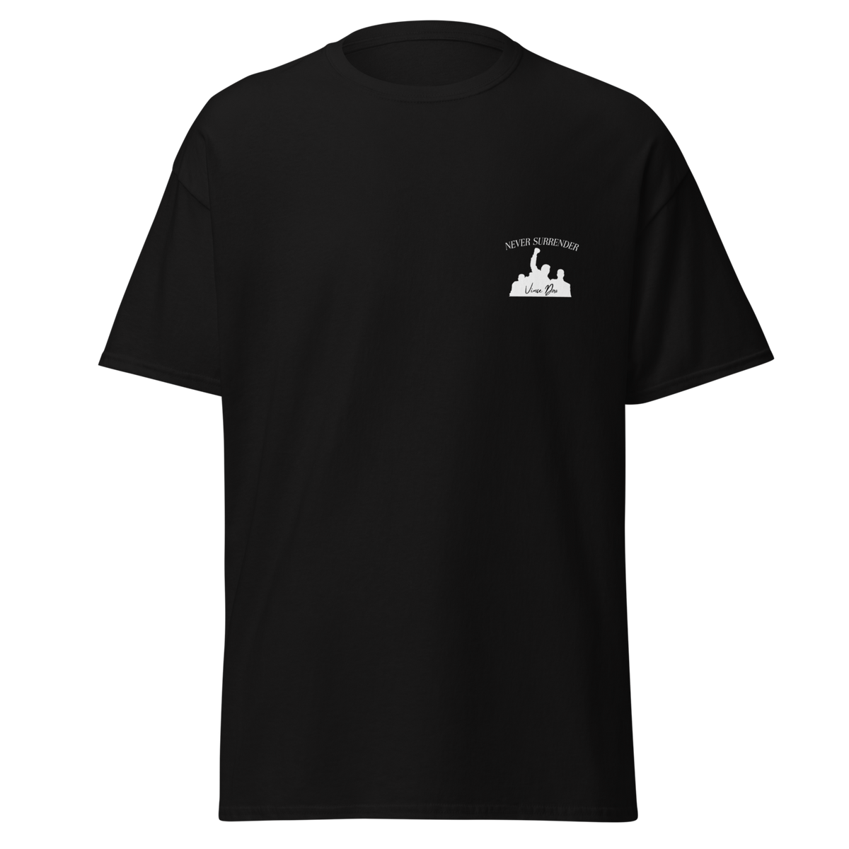 Black t-shirt with a small emblem on the left chest