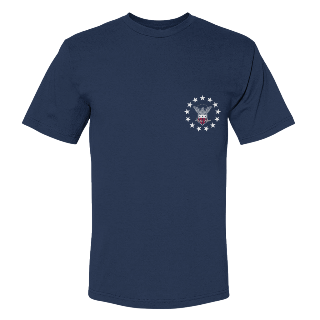 Navy t-shirt with a small eagle seal emblem on the left chest