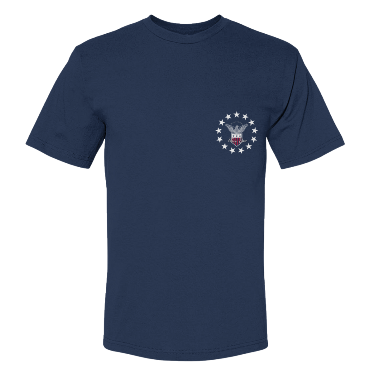 Navy t-shirt with a small eagle seal emblem on the left chest
