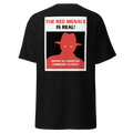 Black t-shirt with The Red Menace Is Real propaganda poster design in red and white
