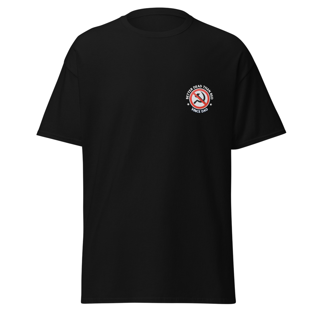 Black t-shirt with a small red circular seal on the left chest