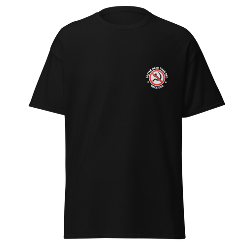 Black t-shirt with a small red circular seal on the left chest