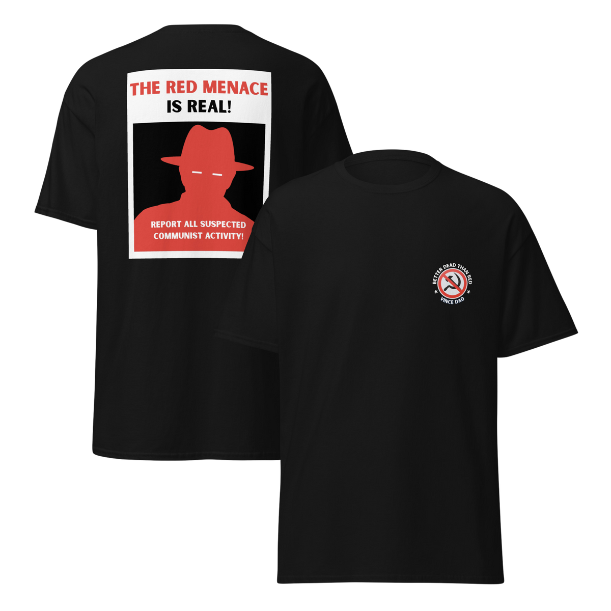 Two black t-shirts shown together, one with the Red Menace poster design and one with the chest seal