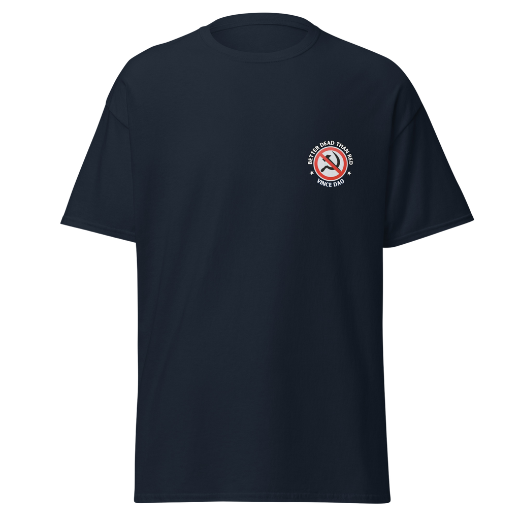 Navy t-shirt with a small red circular seal on the left chest