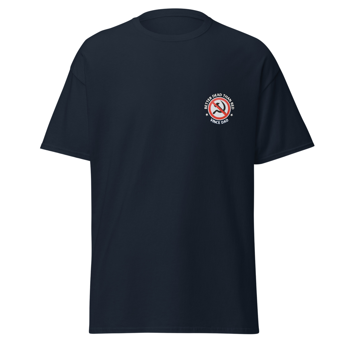 Navy t-shirt with a small red circular seal on the left chest