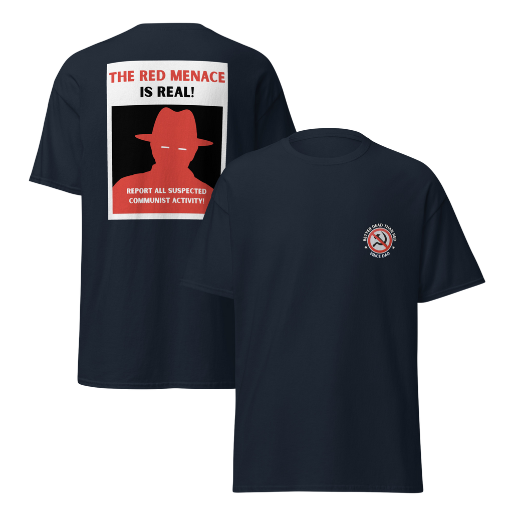 Two navy t-shirts shown together, one with the Red Menace poster design and one with the chest seal