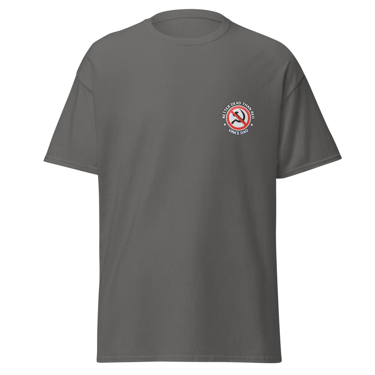 Charcoal grey t-shirt with a small red circular seal on the left chest