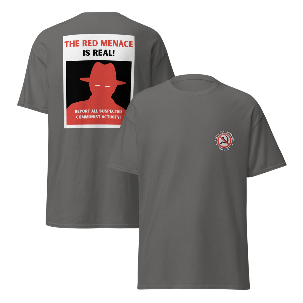 Two charcoal grey t-shirts shown together, one with the Red Menace poster design and one with the chest seal