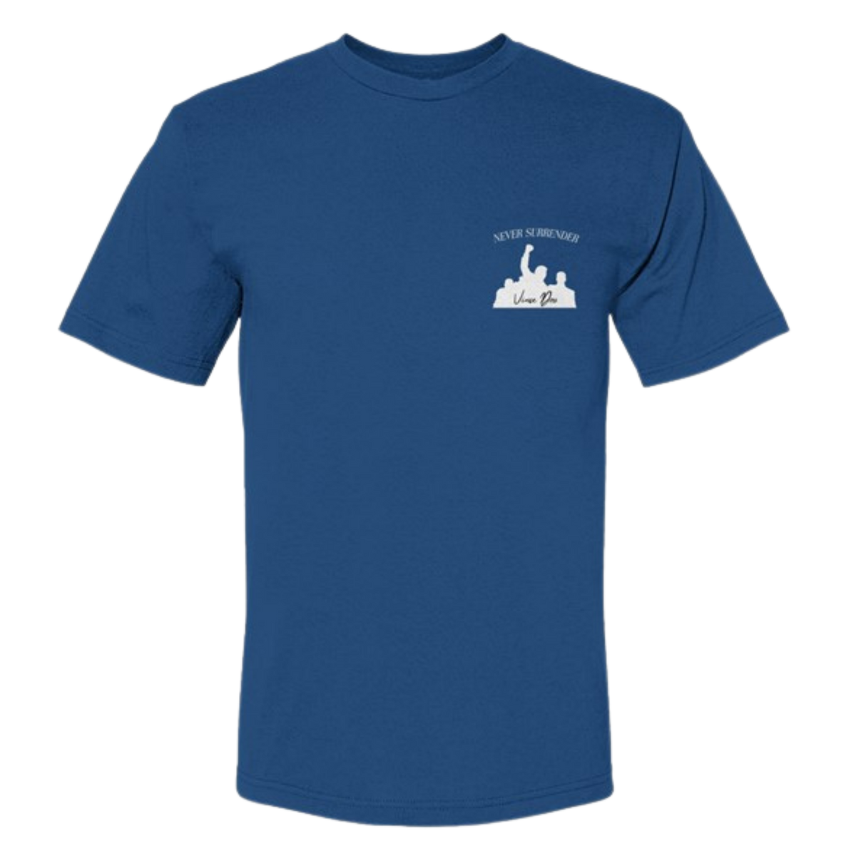 Blue t-shirt with a small emblem on the left chest