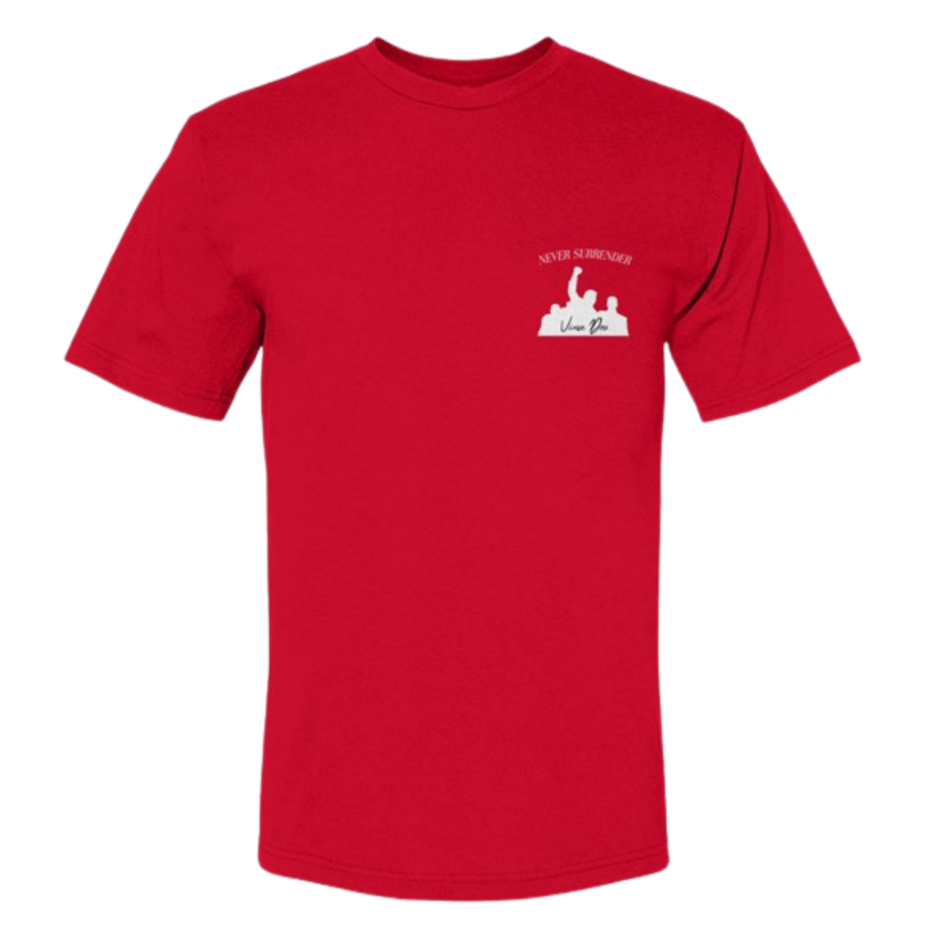 Red t-shirt with a small emblem on the left chest