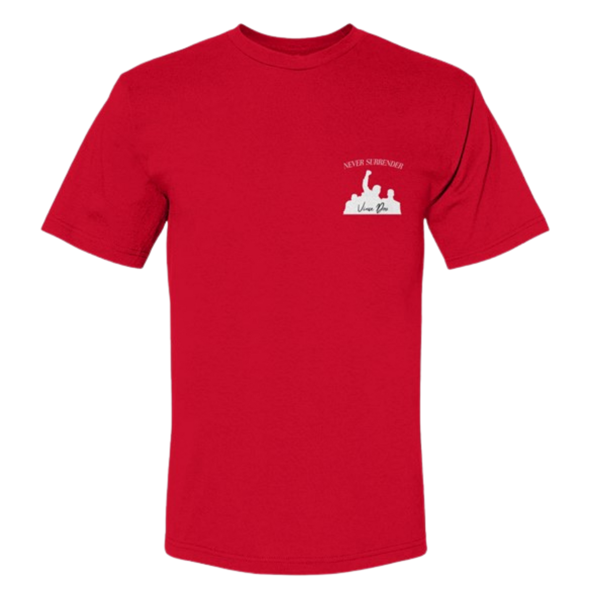 Red t-shirt with a small emblem on the left chest