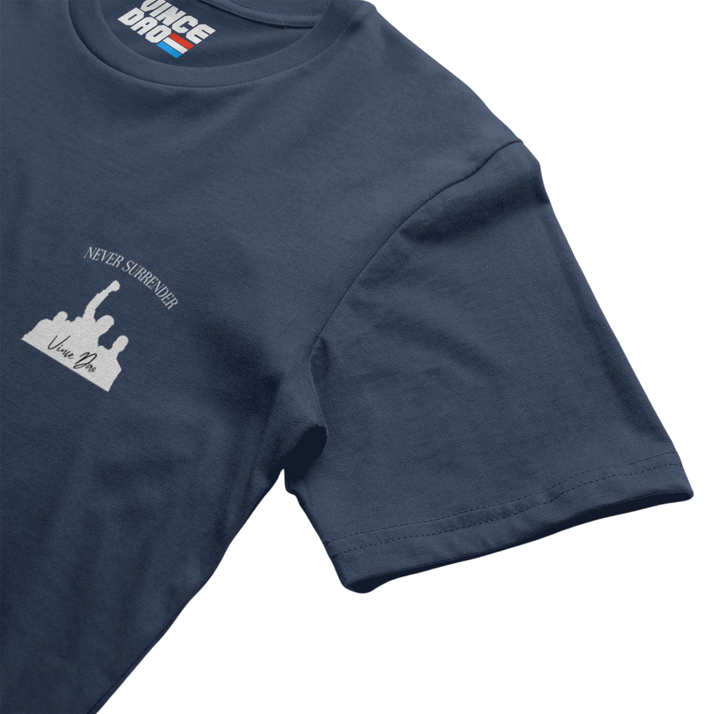 Navy t-shirt shown at an angle, showing the collar and sleeve