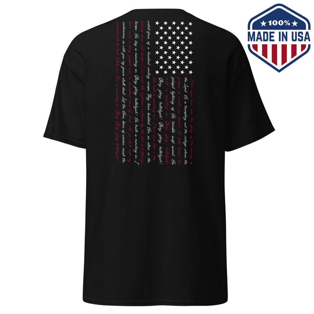 Black t-shirt with the Battle Hymn of the Republic design showing a vertical American flag in lyrics
