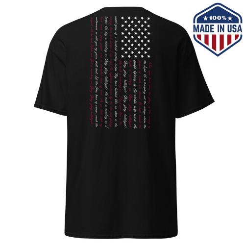 Black t-shirt with the Battle Hymn of the Republic design showing a vertical American flag in lyrics